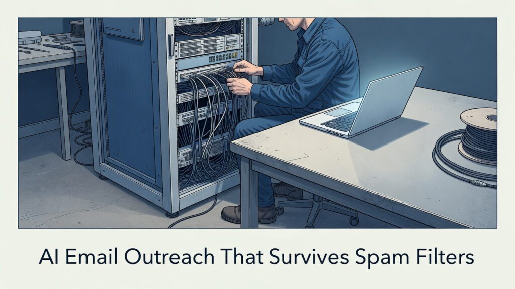 hands setting up ai email outreach infrastructure at a server desk