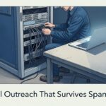 hands setting up ai email outreach infrastructure at a server desk