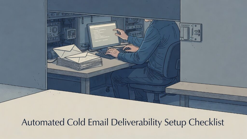technician configuring automated cold email authentication records at a server terminal with envelopes stacked beside the machine