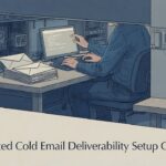 technician configuring automated cold email authentication records at a server terminal with envelopes stacked beside the machine