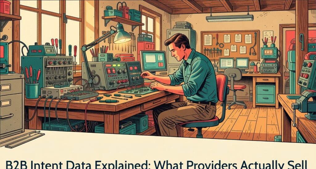 Technician with hands on listening equipment picking up faint b2b intent data signals at a workbench