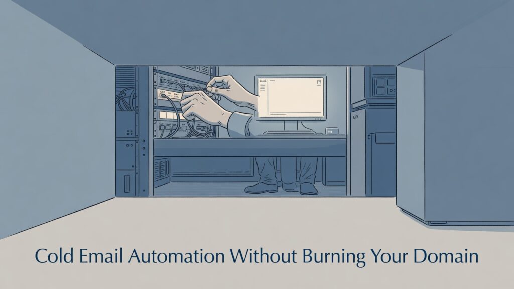 hands routing network cables for a cold email automation sending infrastructure setup