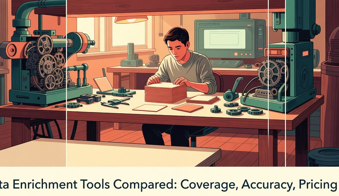 data enrichment tools compared on a workbench with blank paper records and precision measuring instruments
