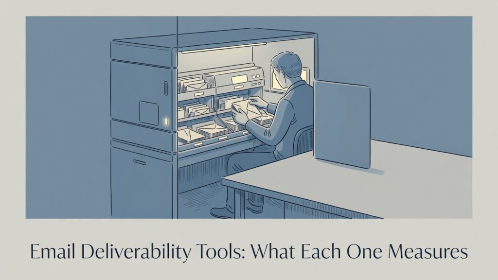 technician calibrating email deliverability tools on a rack-mounted server, amber LEDs glowing