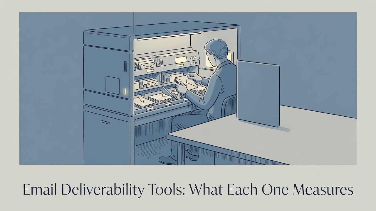 technician calibrating email deliverability tools on a rack-mounted server, amber LEDs glowing