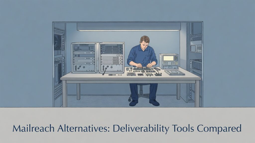 hands evaluating mailreach alternatives on a lit workbench beside two similar rack units