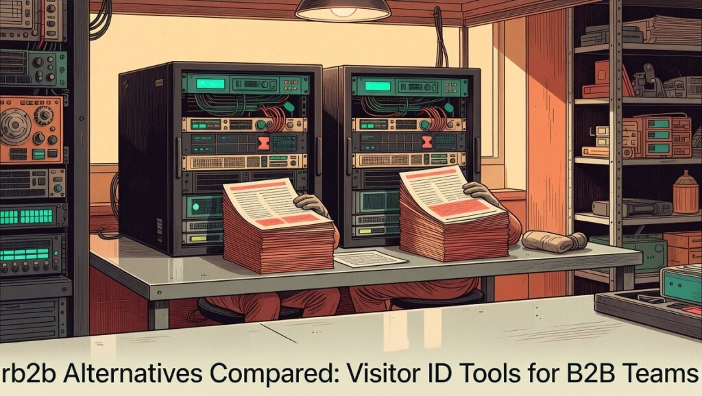 RevOps analyst comparing rb2b and alternative visitor identification tools side by side on a workbench