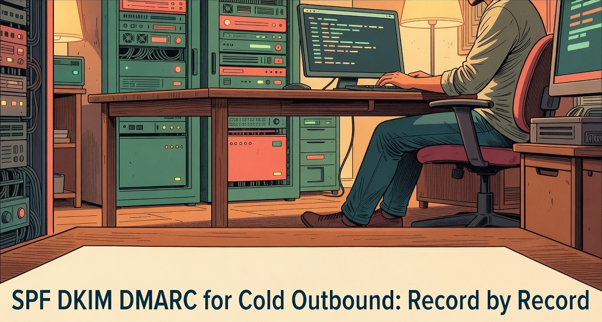 technician configuring spf dkim dmarc records on a terminal screen with server hardware behind