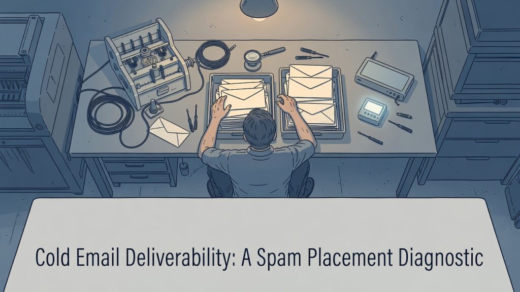 hands sorting envelopes at a triage station for cold email deliverability diagnosis