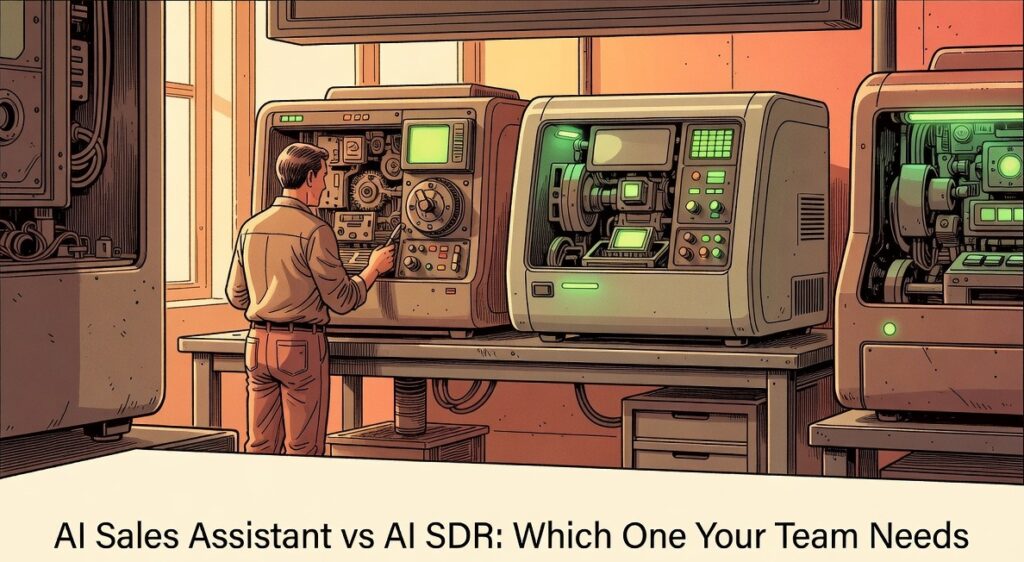 A person carefully reviewing AI sales assistant workflow controls side by side with autonomous AI SDR switches on a workbench