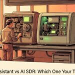 A person carefully reviewing AI sales assistant workflow controls side by side with autonomous AI SDR switches on a workbench
