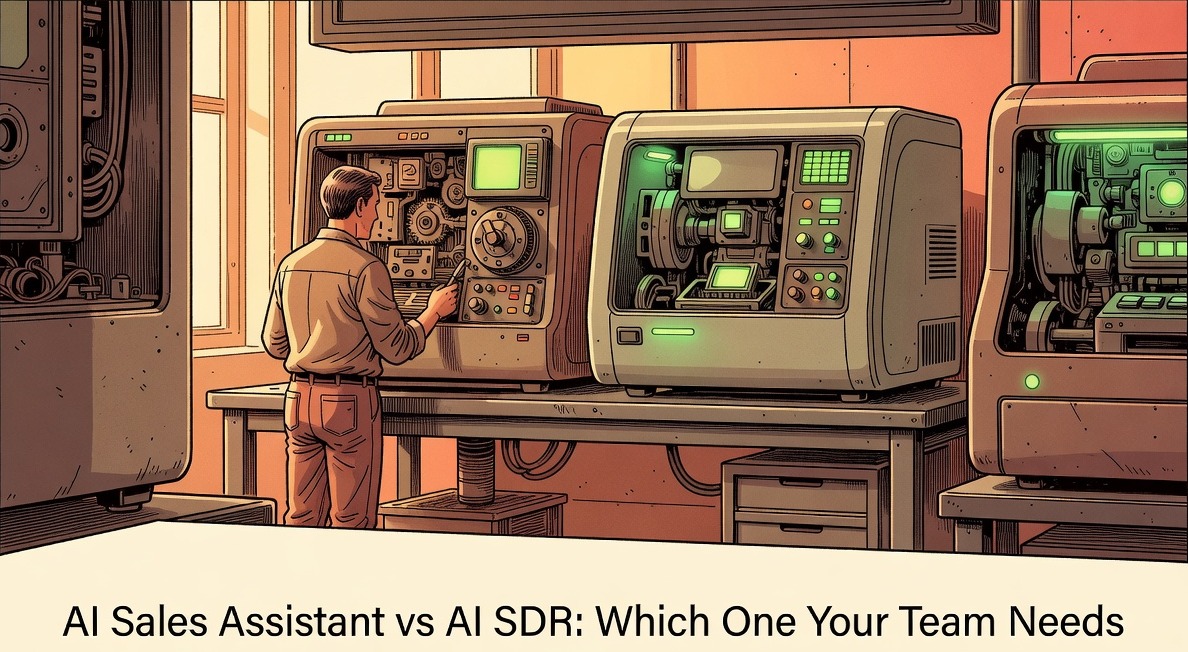 A person carefully reviewing AI sales assistant workflow controls side by side with autonomous AI SDR switches on a workbench