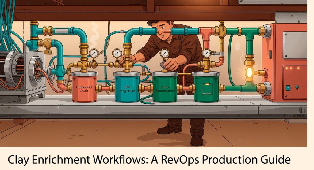 RevOps analyst configuring a clay enrichment workflow connecting data providers on a workbench display