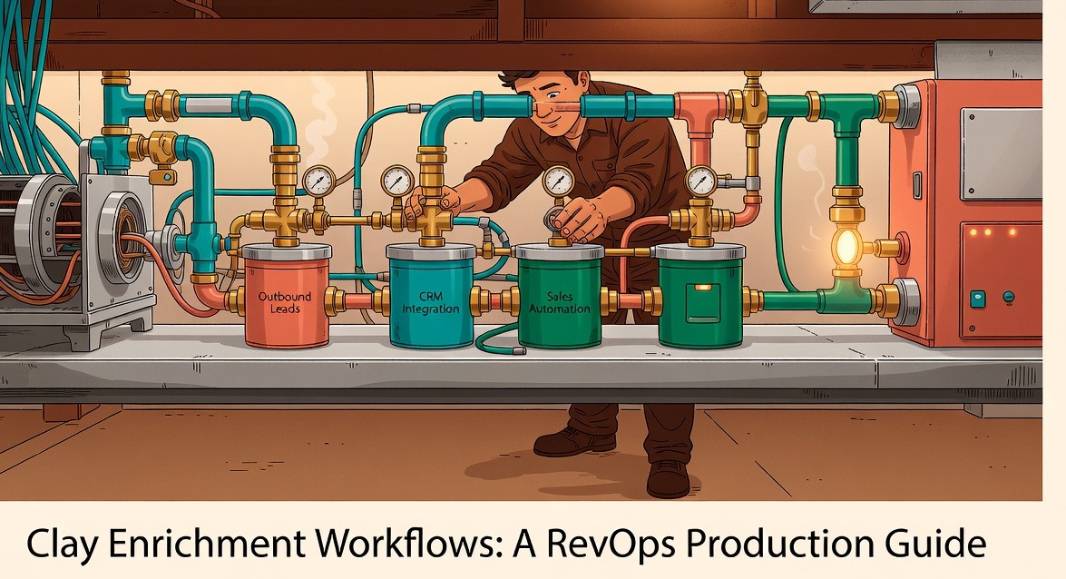 RevOps analyst configuring a clay enrichment workflow connecting data providers on a workbench display