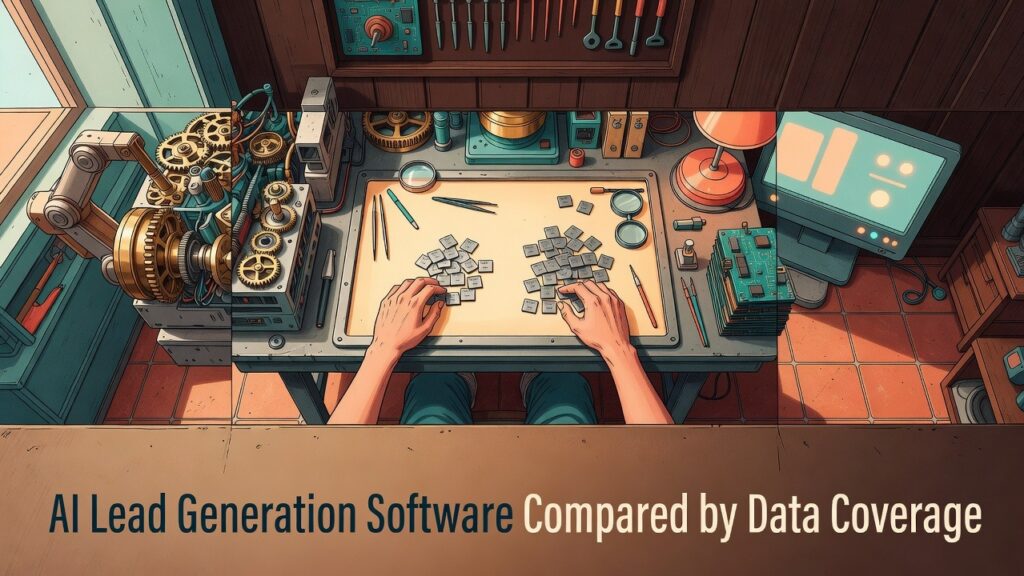 ai lead generation software data coverage comparison with hands sorting tiles on a worktable