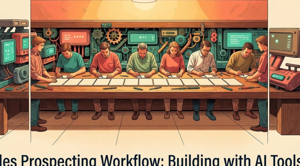 Hands arranging plain tiles in sequence on a lit workbench illustrating a sales prospecting workflow