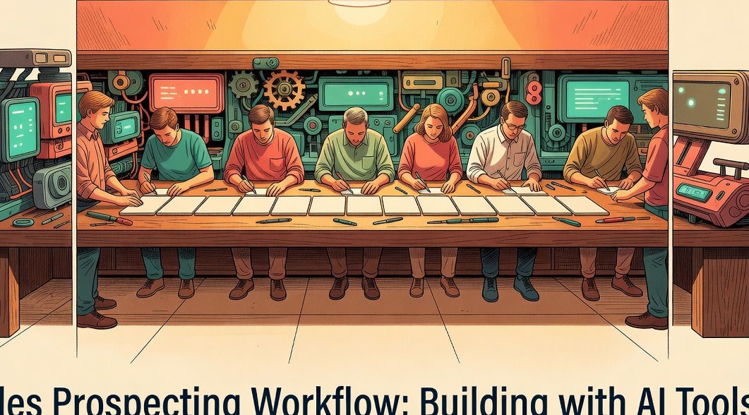 Hands arranging plain tiles in sequence on a lit workbench illustrating a sales prospecting workflow