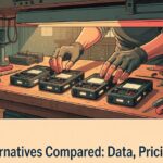 hands arranging four similar devices side by side comparing lusha alternatives on a workbench