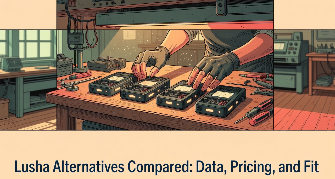 hands arranging four similar devices side by side comparing lusha alternatives on a workbench